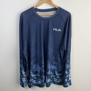 Huk Shirt Mens 2XL Blue Long Sleeve Crew Neck Lightweight Polyester Fishing Camo